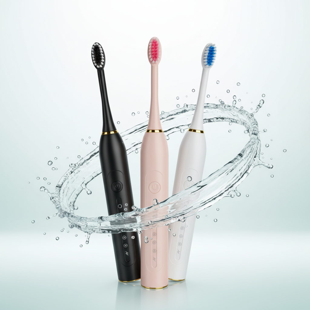 X-3 sonic toothbrushes surrounded by swirling fresh water