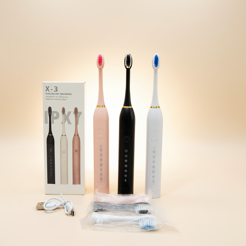 X-3 sonic electric toothbrushes in black, pink and white with accessories