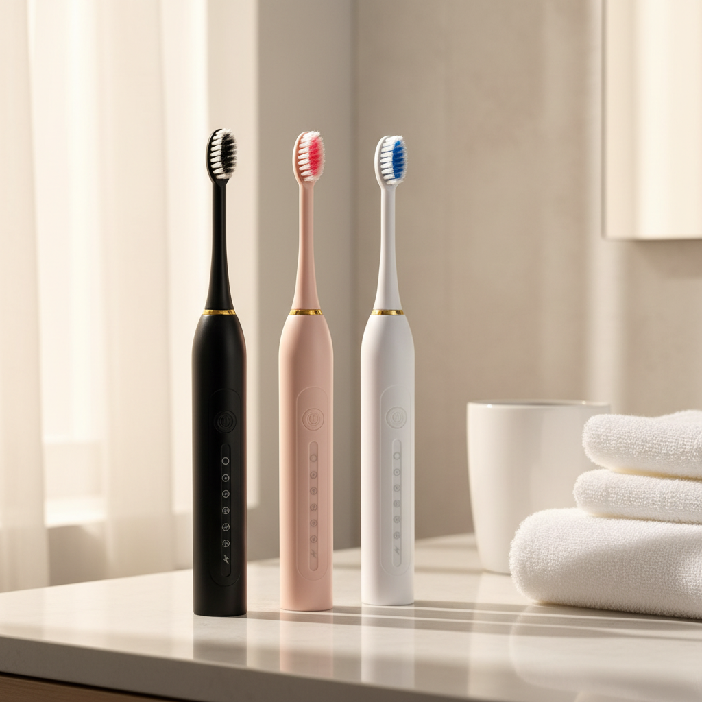X-3 electric toothbrushes on a modern bathroom vanity