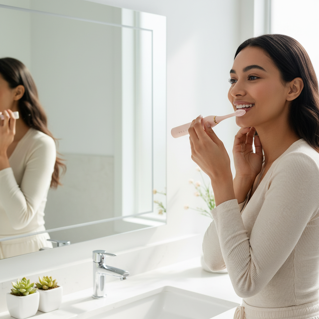 Woman using a pink X-3 sonic electric toothbrush in a modern bathroom