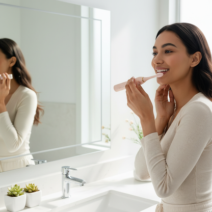 Woman using a pink X-3 sonic electric toothbrush in a modern bathroom
